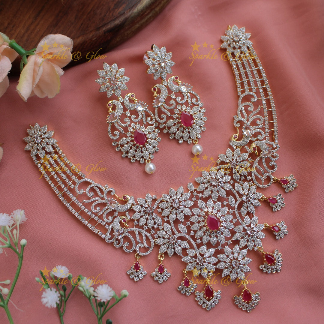 Stunning Floral peacock design American diamond short necklace with emerald stones - green