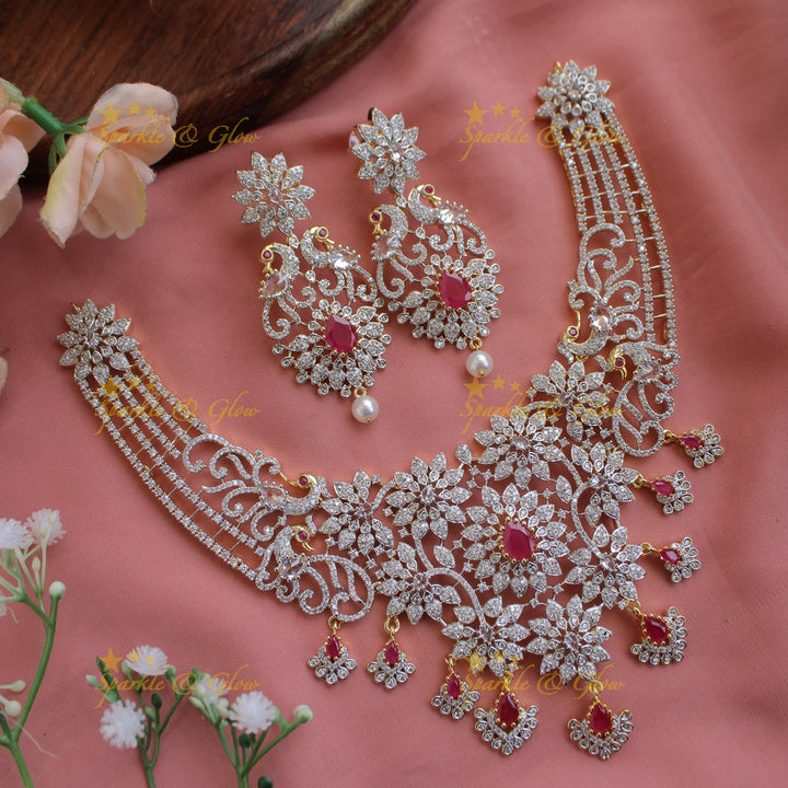 Stunning Floral peacock design American diamond short necklace with emerald stones - green
