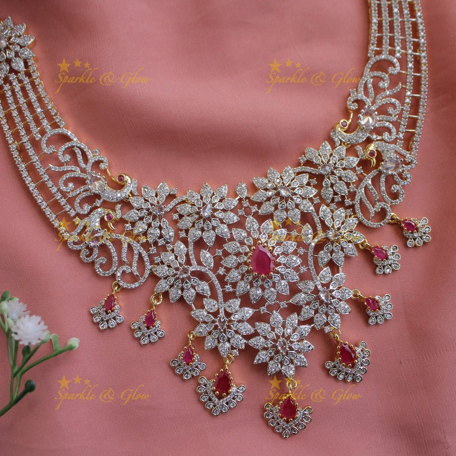 Stunning Floral peacock design American diamond short necklace with ruby stones - Sparkle and Glow - Back Thread - 