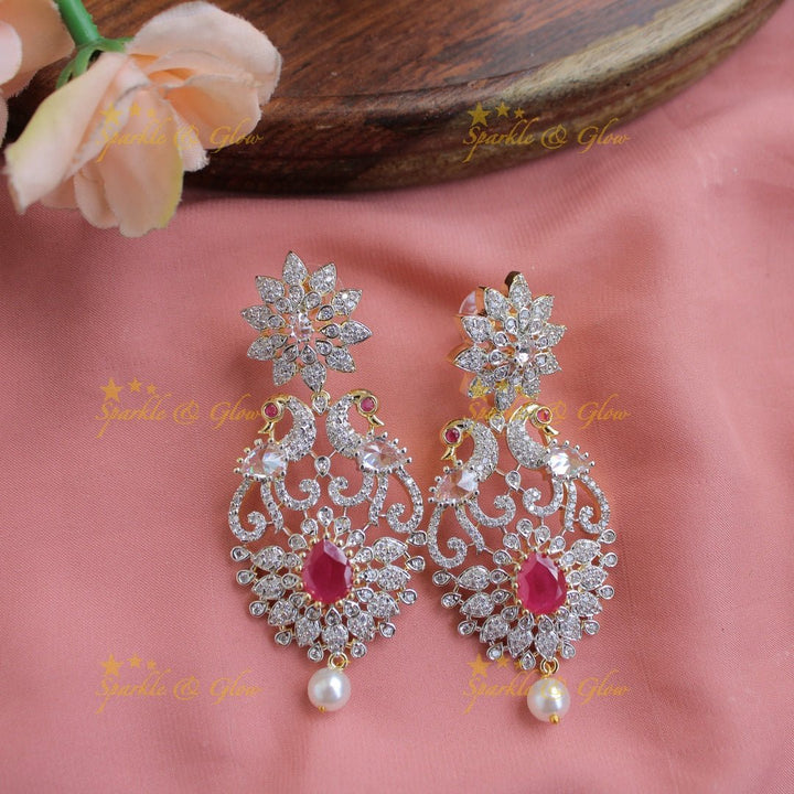 Stunning Floral peacock design American diamond short necklace with ruby stones - Sparkle and Glow - Back Thread - 