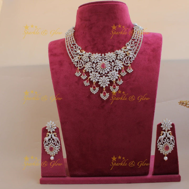 Stunning Floral peacock design American diamond short necklace with ruby stones - Sparkle and Glow - Back Thread - 