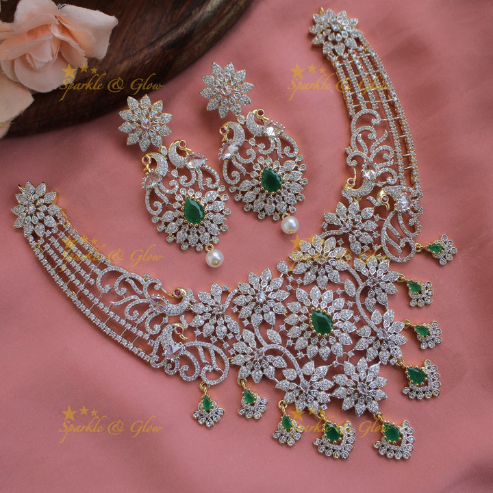 Stunning Floral peacock design American diamond short necklace with emerald stones - green