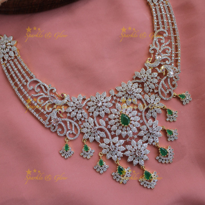 Stunning Floral peacock design American diamond short necklace with emerald stones - green