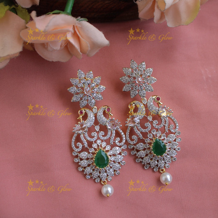 Stunning Floral peacock design American diamond short necklace with emerald stones - green