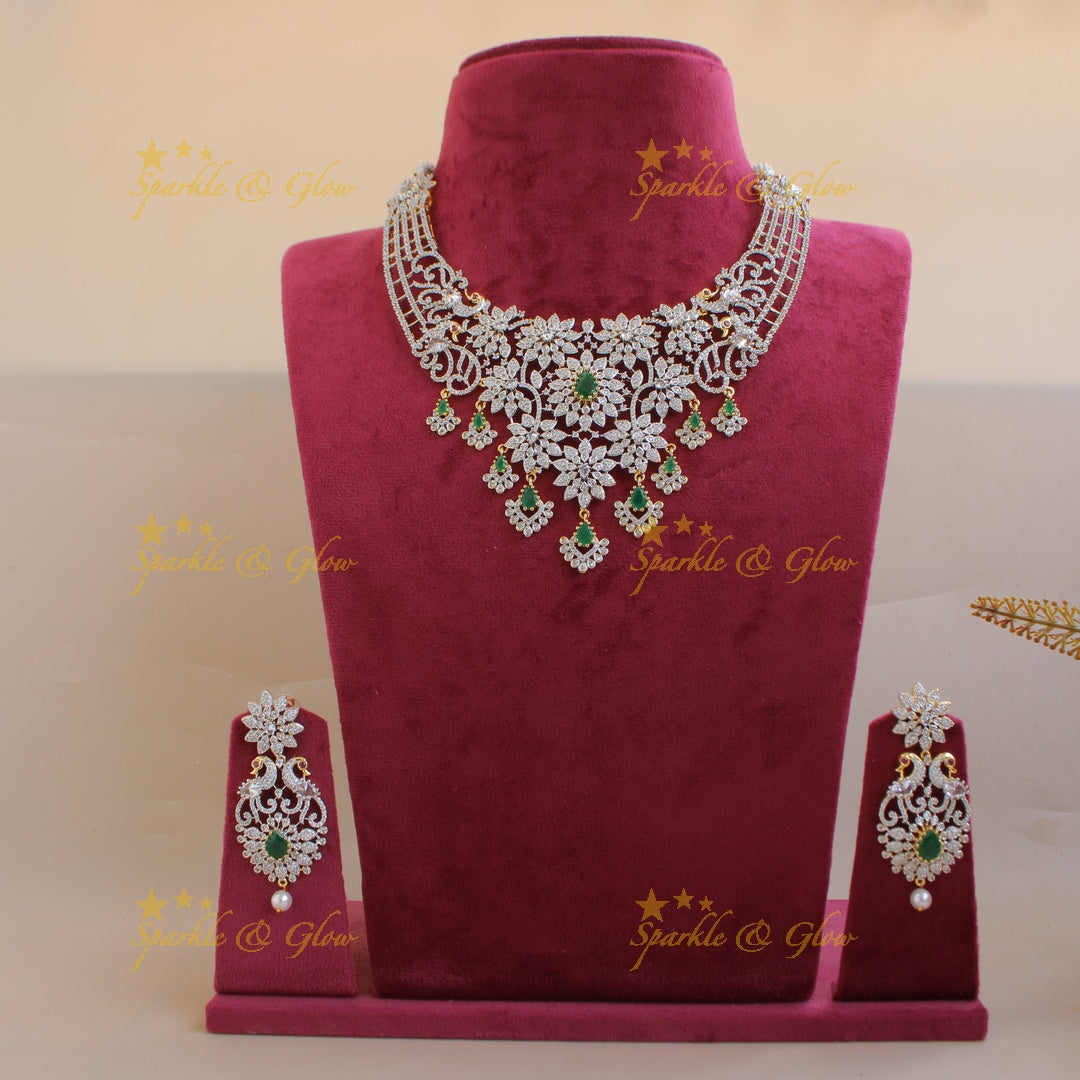 Stunning Floral peacock design American diamond short necklace with emerald stones - green