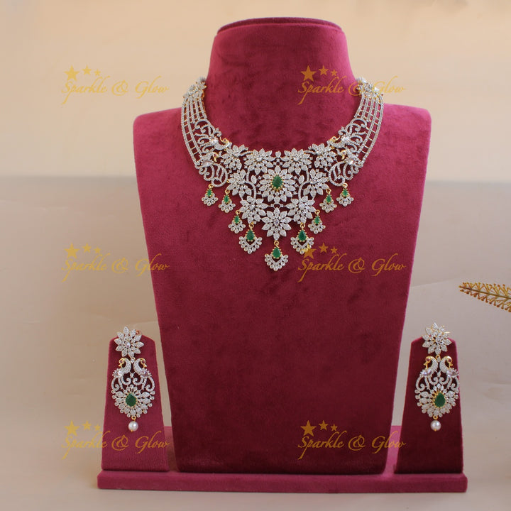 Stunning Floral peacock design American diamond short necklace with emerald stones - green