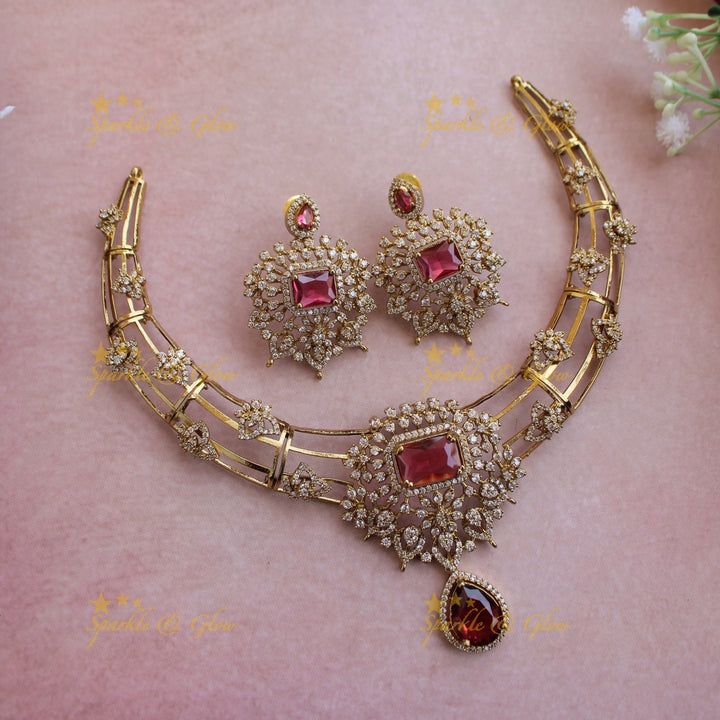 Elegant Floral design American diamond short necklace with green colour stones stones