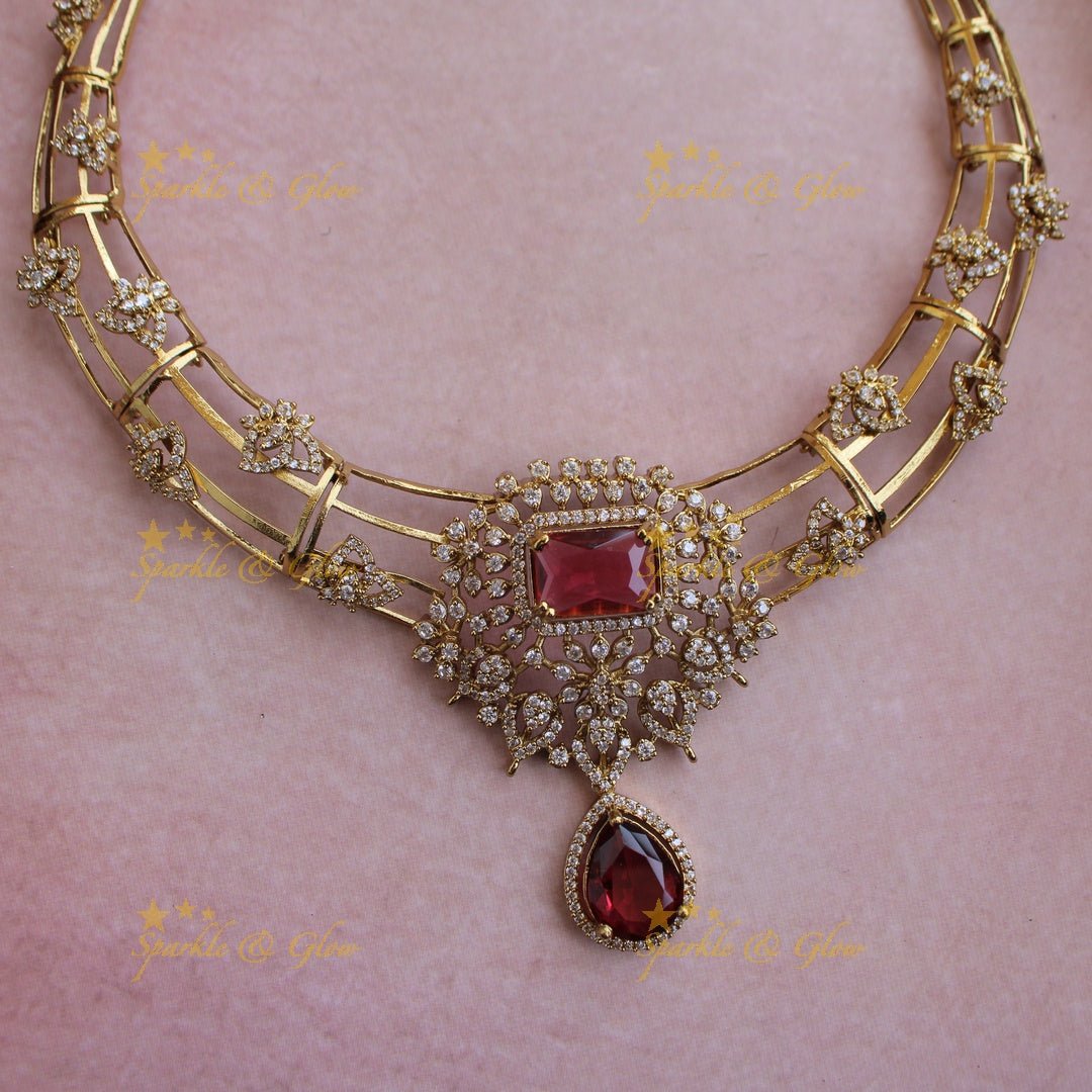 Elegant Floral design American diamond short necklace with red colour stones stones - Sparkle and Glow - Back Thread - 