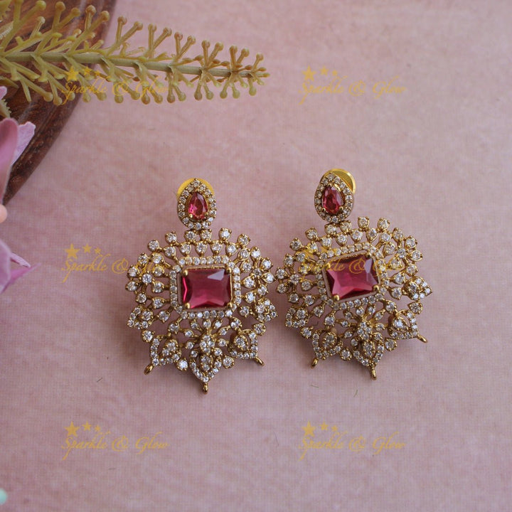 Elegant Floral design American diamond short necklace with red colour stones stones - Sparkle and Glow - Back Thread - 