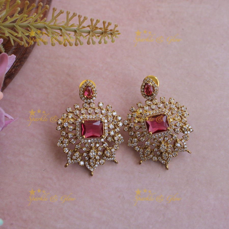 Elegant Floral design American diamond short necklace with red colour stones stones - Sparkle and Glow - Back Thread - 