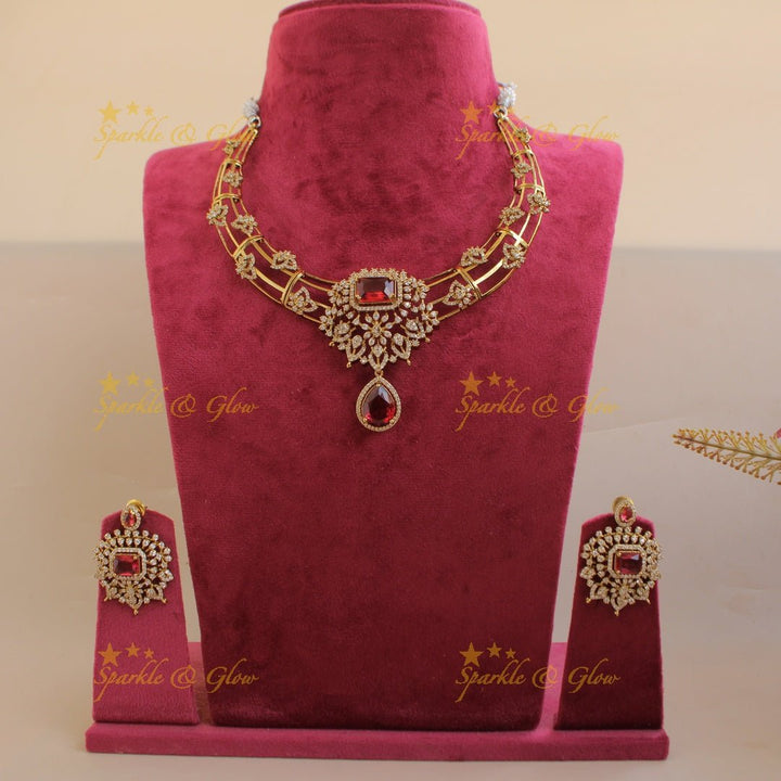 Elegant Floral design American diamond short necklace with red colour stones stones - Sparkle and Glow - Back Thread - 