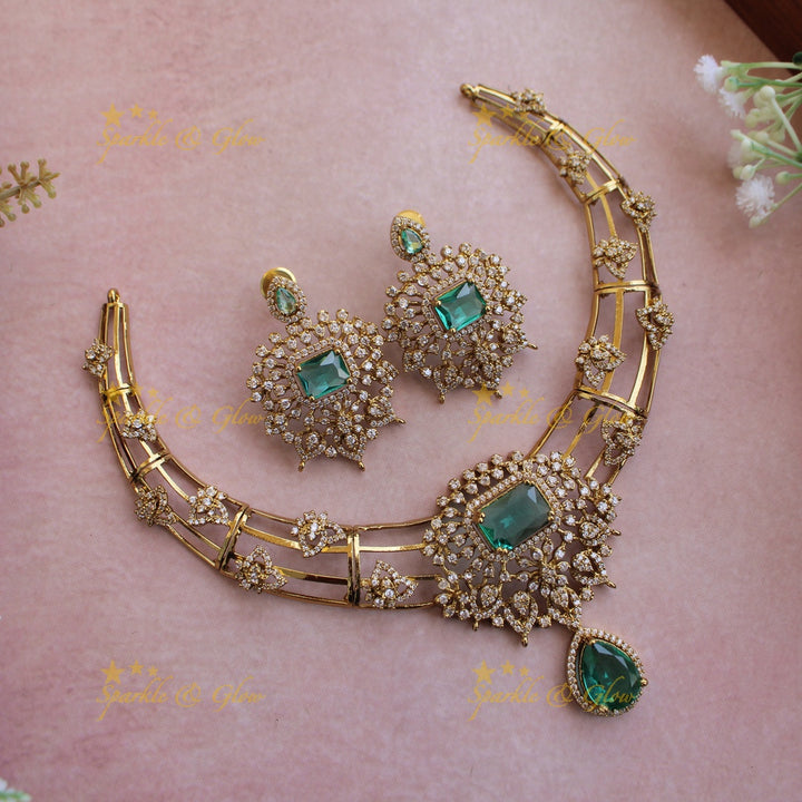Elegant Floral design American diamond short necklace with green colour stones stones