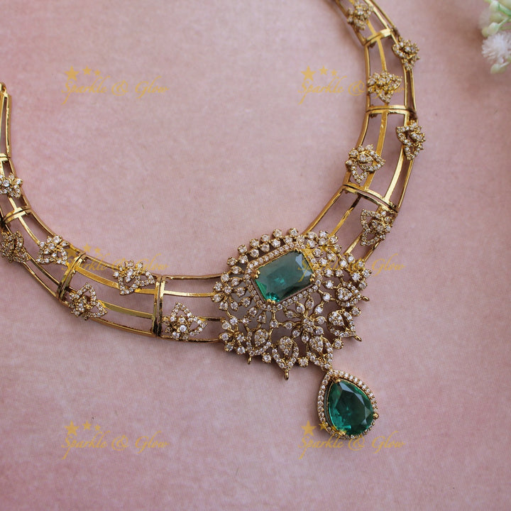 Elegant Floral design American diamond short necklace with green colour stones stones