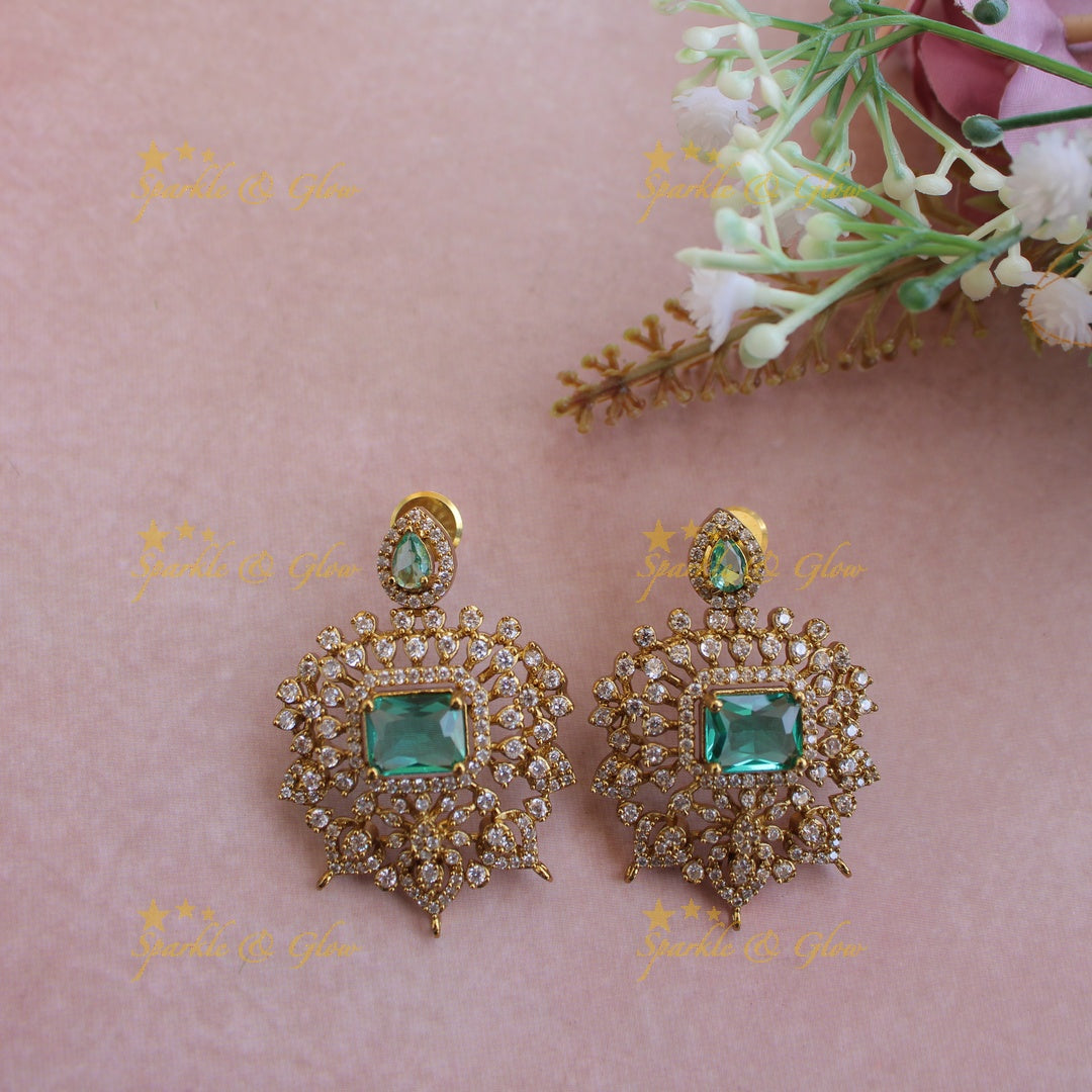 Elegant Floral design American diamond short necklace with green colour stones stones