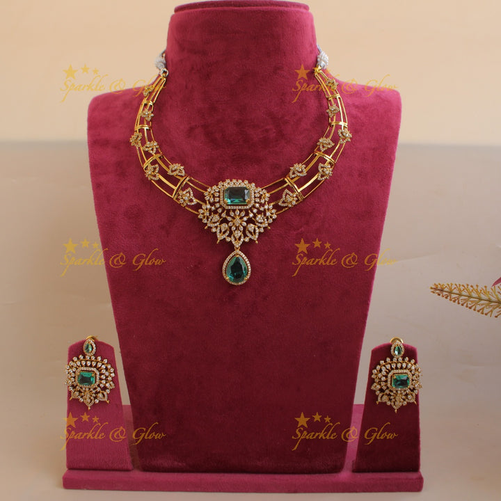 Elegant Floral design American diamond short necklace with green colour stones stones