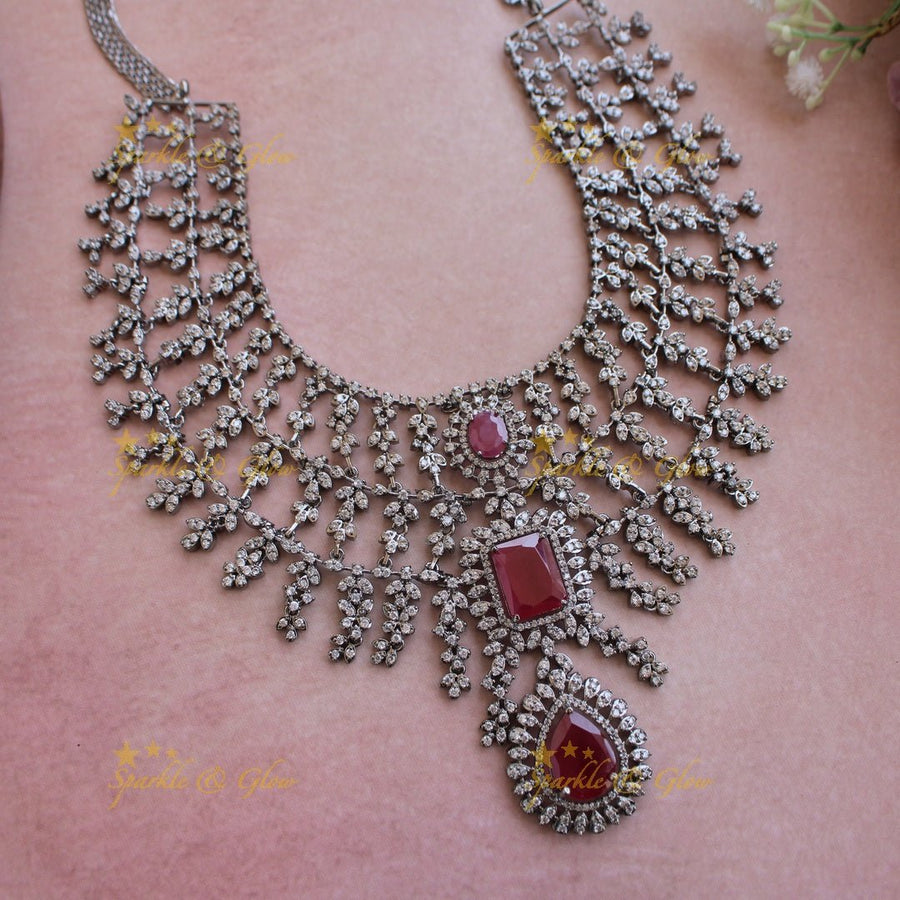 Glittering Three layer black finish American diamond short necklace with ruby stones - Sparkle and Glow - Back Thread - 
