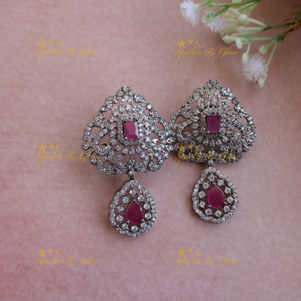 Glittering Three layer black finish American diamond short necklace with ruby stones - Sparkle and Glow - Back Thread - 