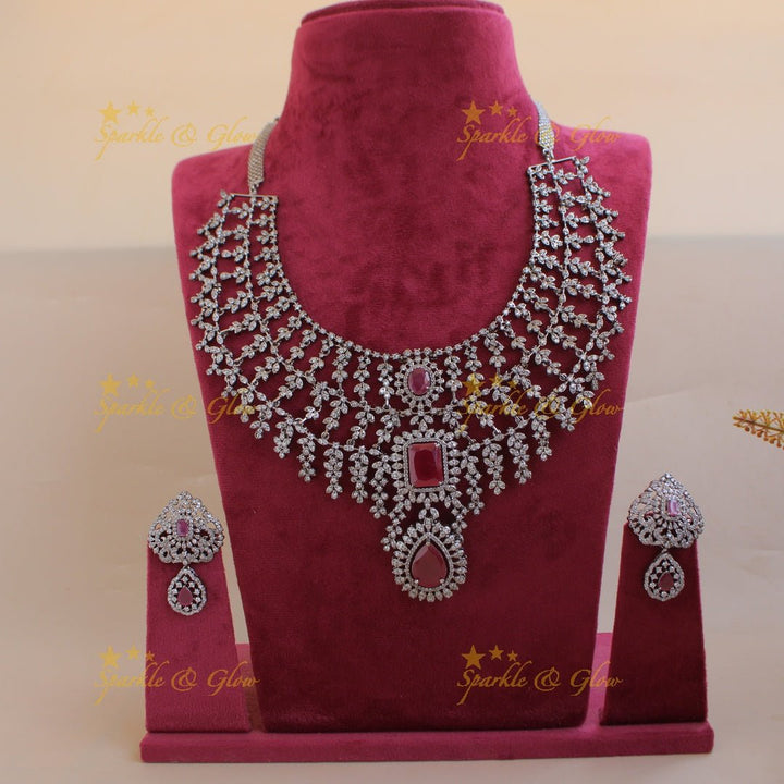 Glittering Three layer black finish American diamond short necklace with ruby stones - Sparkle and Glow - Back Thread - 