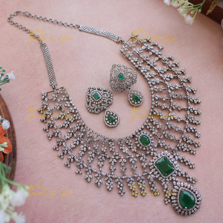 Glittering Three layer black finish American diamond short necklace with ruby and emerald stones - multi