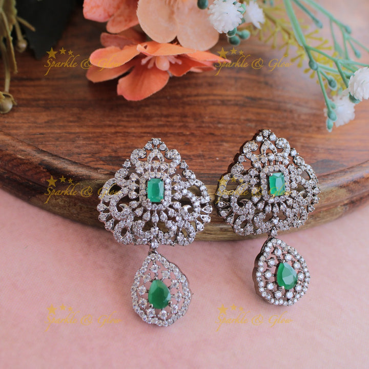 Glittering Three layer black finish American diamond short necklace with emerald stones - green