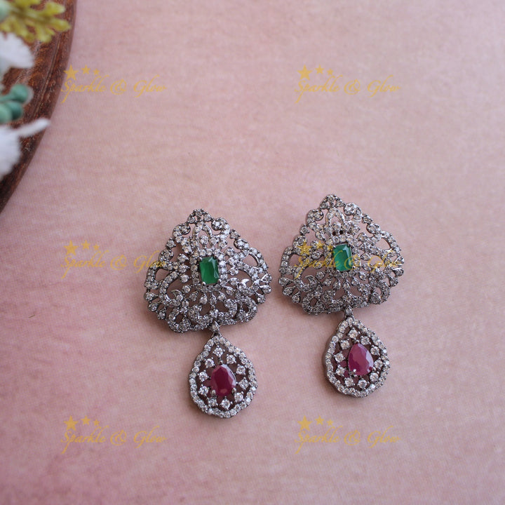 Glittering Three layer black finish American diamond short necklace with ruby and emerald stones - multi