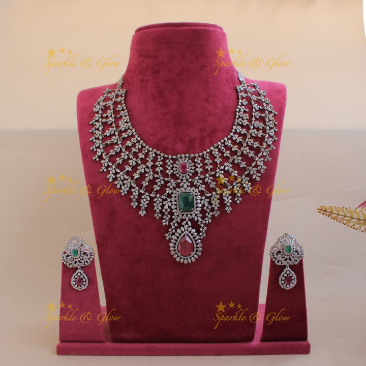 Glittering Three layer black finish American diamond short necklace with ruby and emerald stones - multi