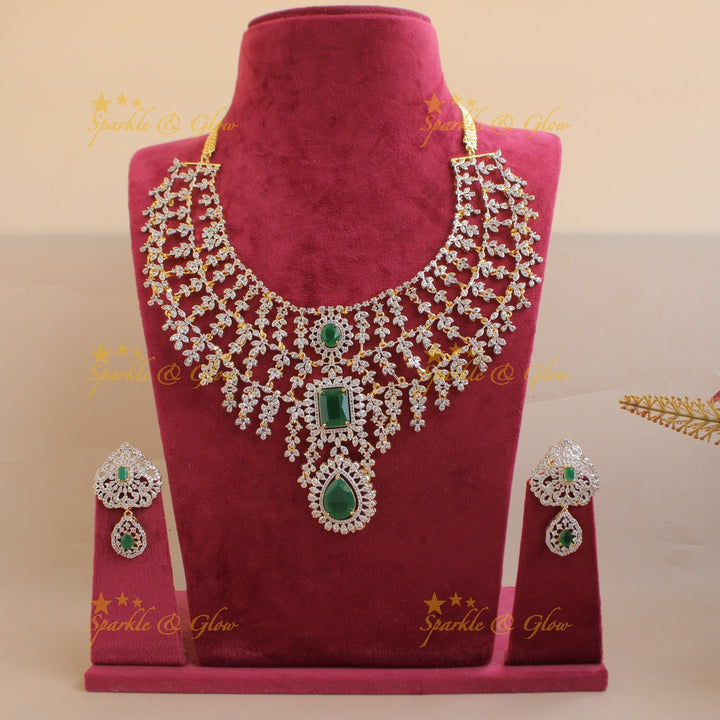 Statement Three layer gold finish American diamond short necklace with emerald and ruby stones - multi