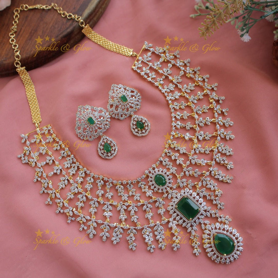 Statement Three layer gold finish American diamond short necklace with emerald stones - Sparkle and Glow - Back Thread - 