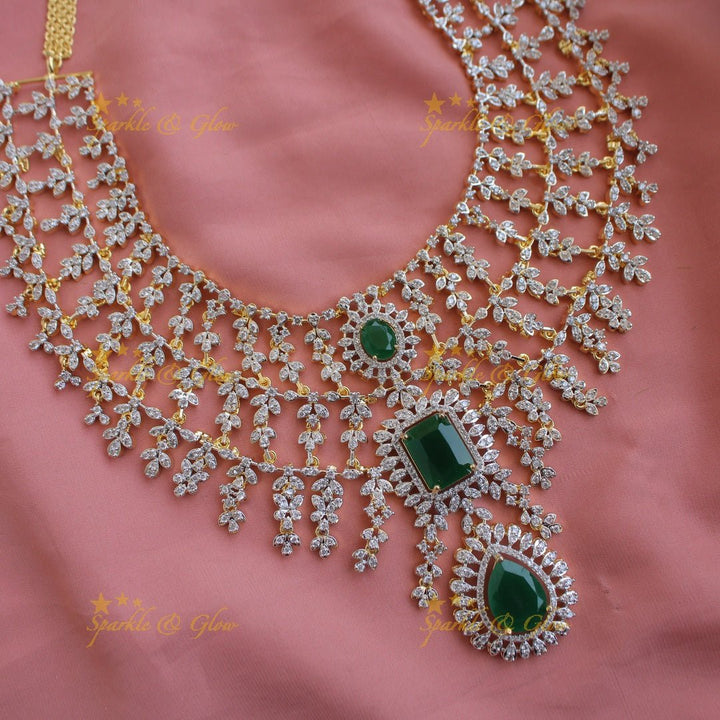 Statement Three layer gold finish American diamond short necklace with emerald stones - Sparkle and Glow - Back Thread - 