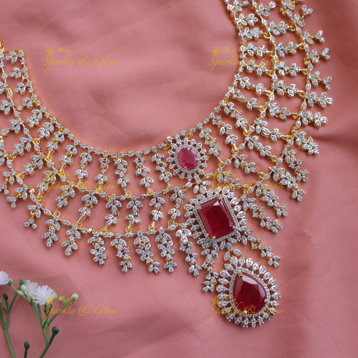 Statement Three layer gold finish American diamond short necklace with ruby stones - pink