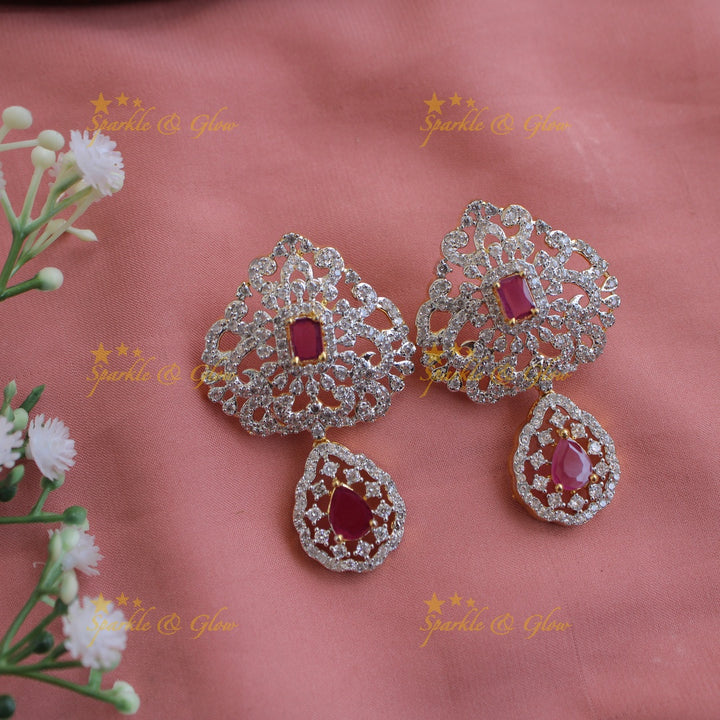 Statement Three layer gold finish American diamond short necklace with ruby stones - pink