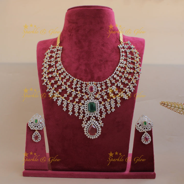 Statement Three layer gold finish American diamond short necklace with emerald and ruby stones - multi