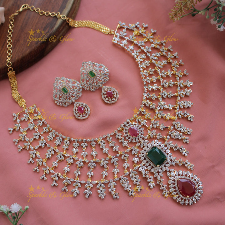 Statement Three layer gold finish American diamond short necklace with emerald and ruby stones - multi