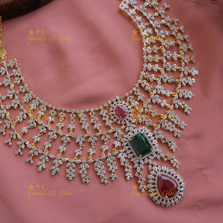 Statement Three layer gold finish American diamond short necklace with emerald and ruby stones - multi