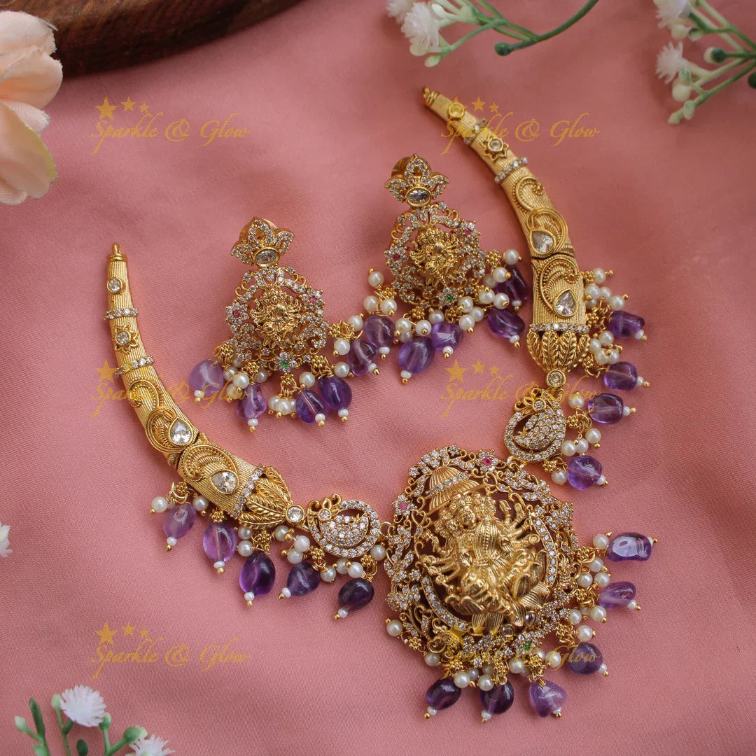 Premium Matt Godess Durga carved short necklace with CZ stones and sea blue beads - Sparkle and Glow