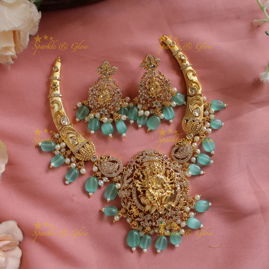 Premium Matt Godess Durga carved short necklace with CZ stones and sea blue beads - Sparkle and Glow