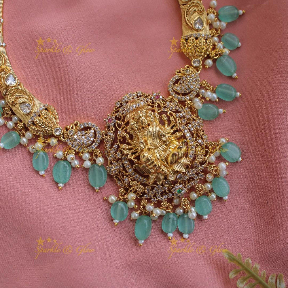 Premium Matt Godess Durga carved short necklace with CZ stones and sea blue beads - Sparkle and Glow