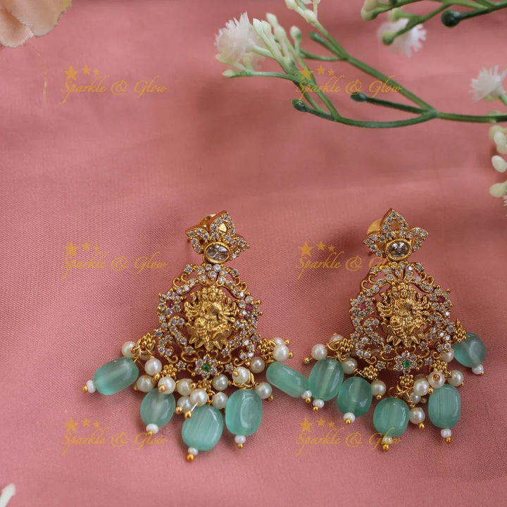 Premium Matt Godess Durga carved short necklace with CZ stones and sea blue beads - Sparkle and Glow