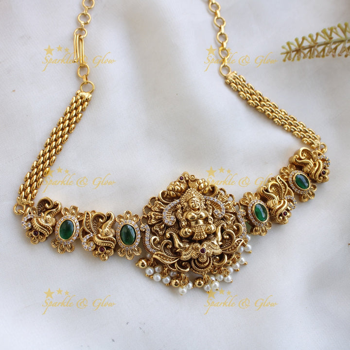 Elegant Lakshmi elephant carved choker with emerald CZ stones and pearls