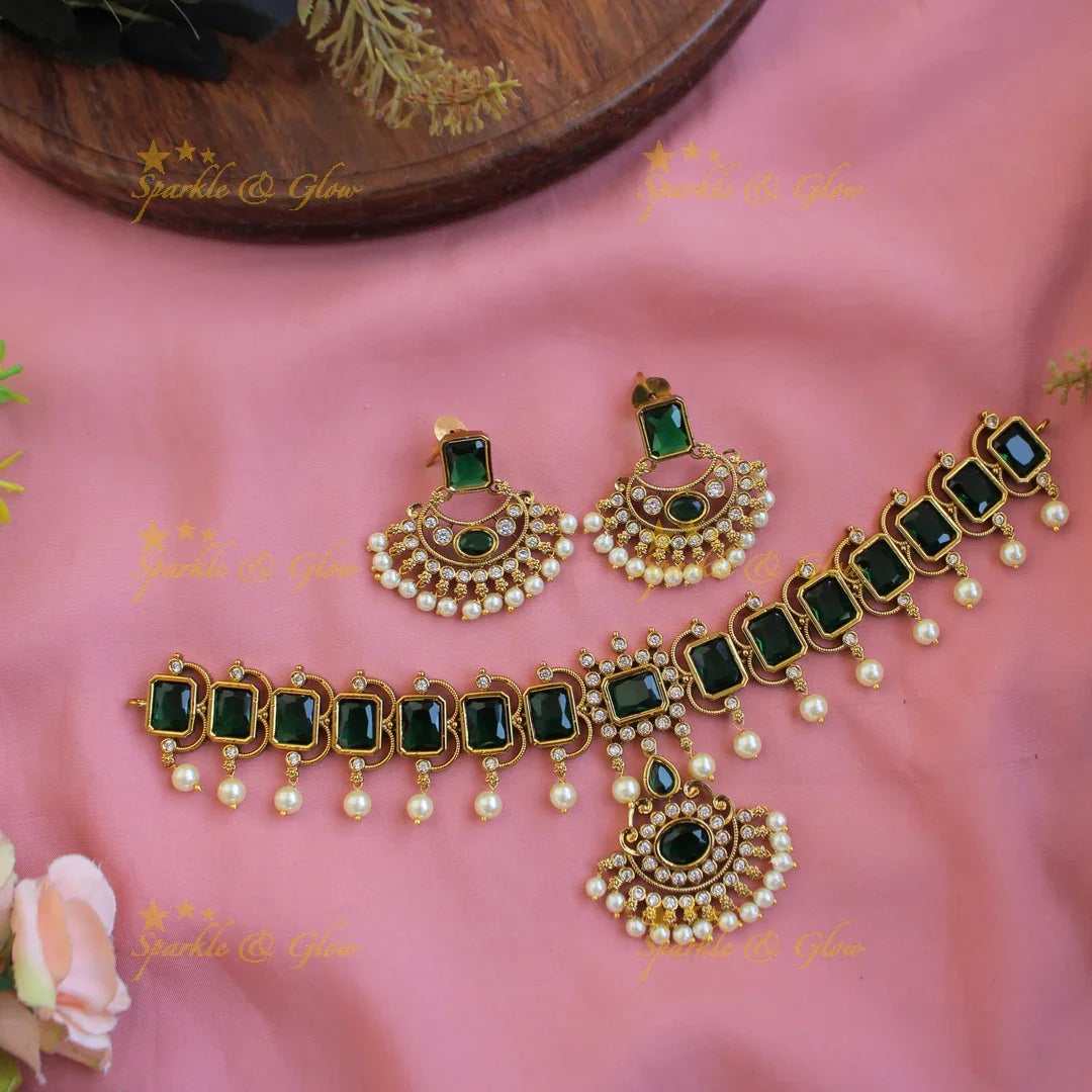 Statement Rectangle stones floral pendant choker with CZ stones and pearl drops - blue - Sparkle and Glow