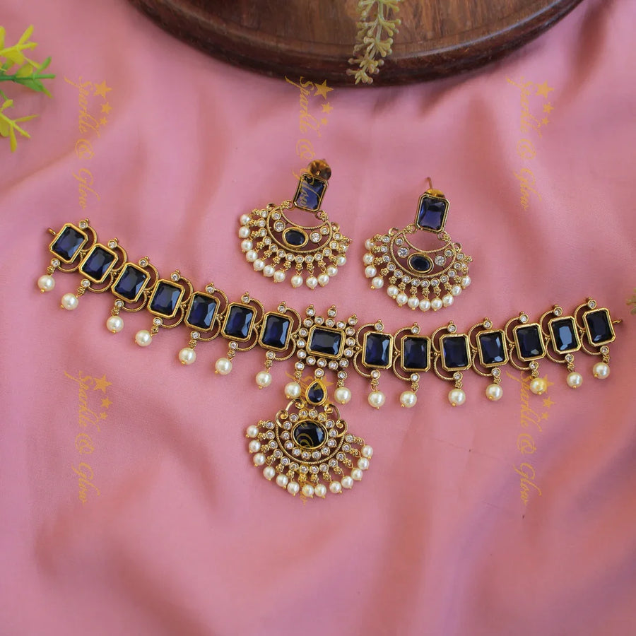 Statement Rectangle stones floral pendant choker with CZ stones and pearl drops - blue - Sparkle and Glow