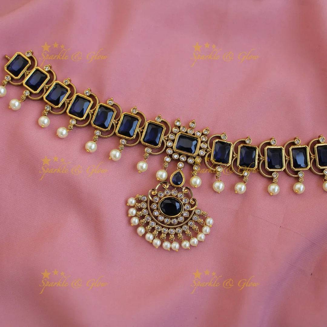 Statement Rectangle stones floral pendant choker with CZ stones and pearl drops - blue - Sparkle and Glow