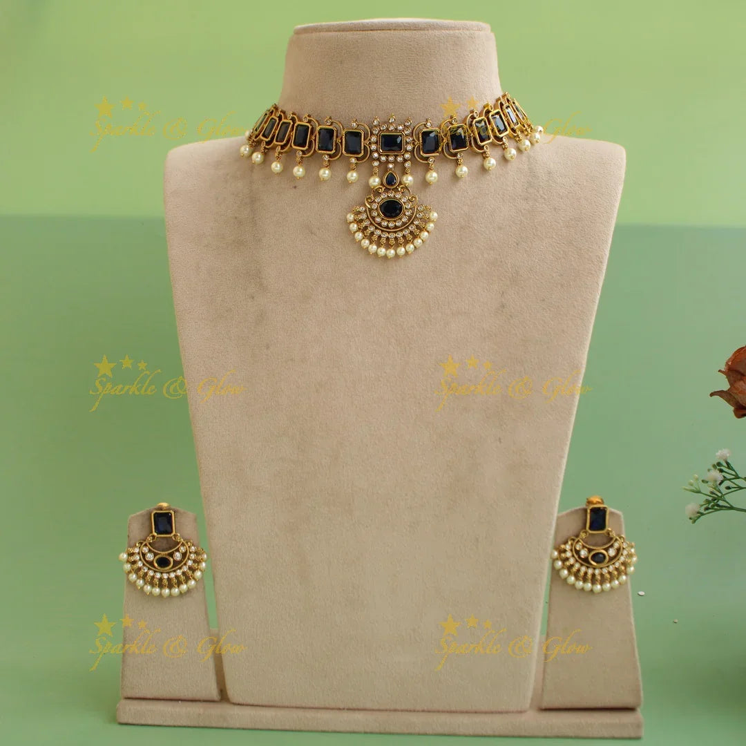 Statement Rectangle stones floral pendant choker with CZ stones and pearl drops - blue - Sparkle and Glow