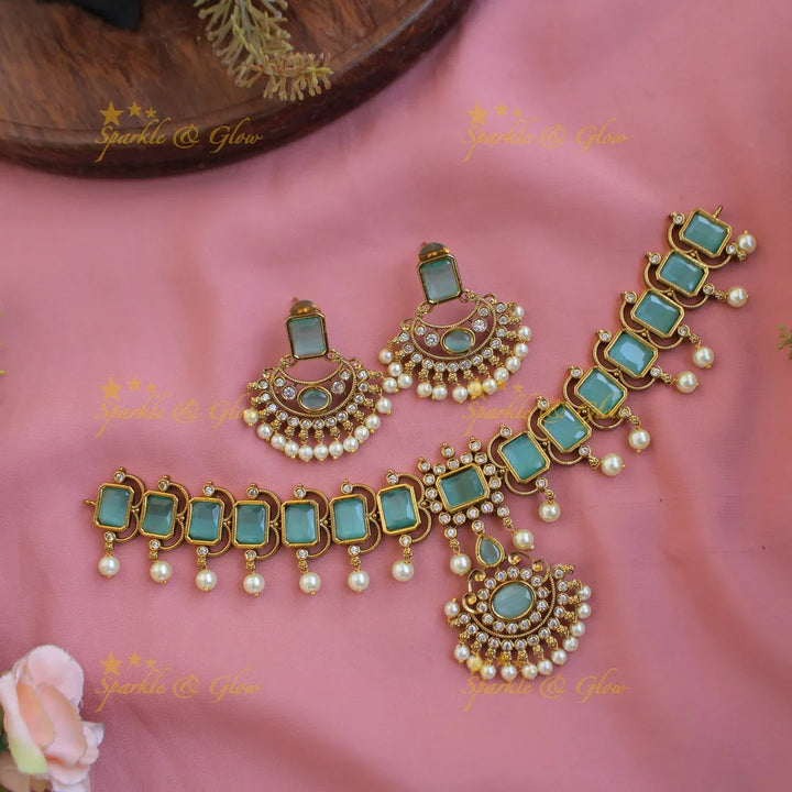 Statement Rectangle stones floral pendant choker with CZ stones and pearl drops - blue - Sparkle and Glow