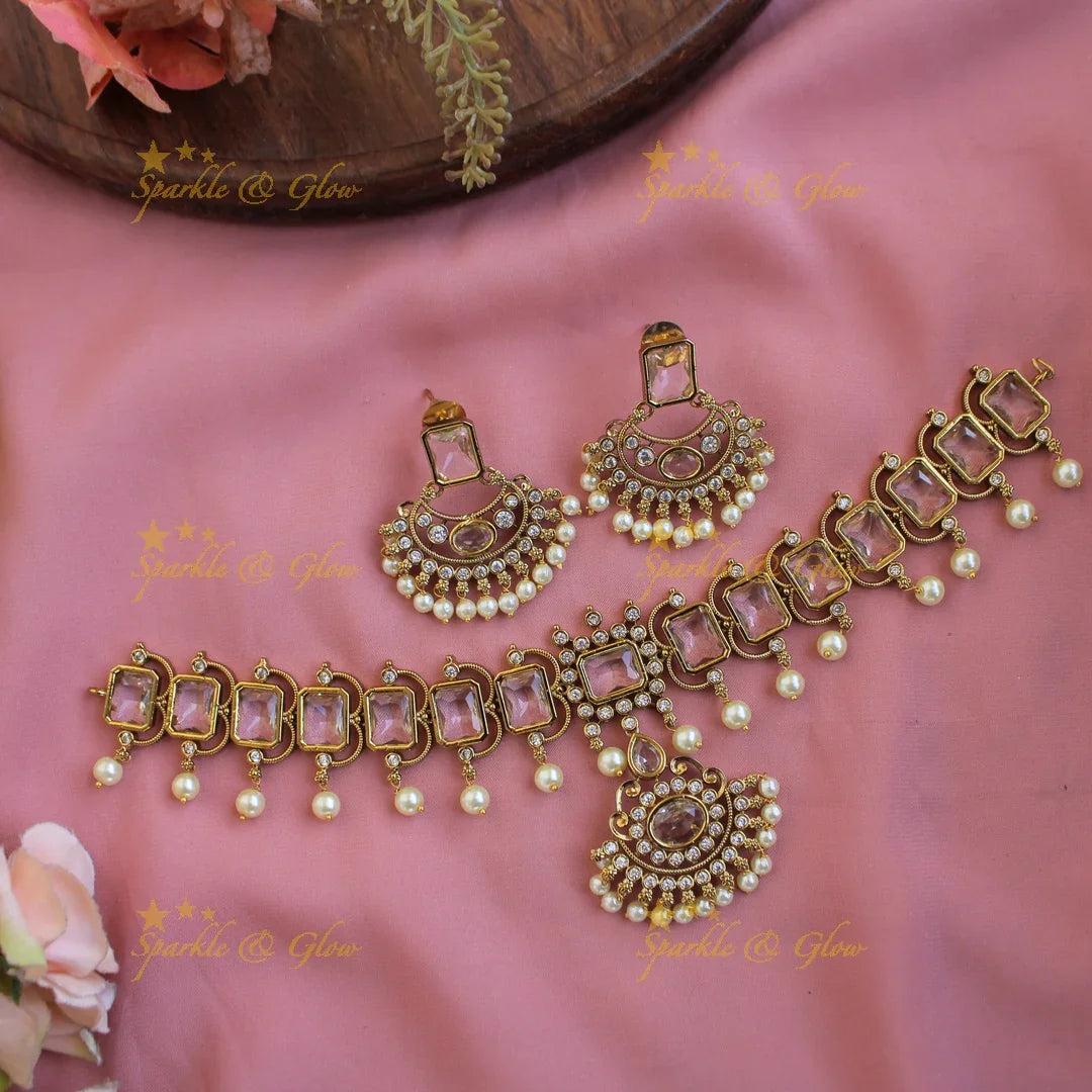 Statement Rectangle stones floral pendant choker with CZ stones and pearl drops - blue - Sparkle and Glow