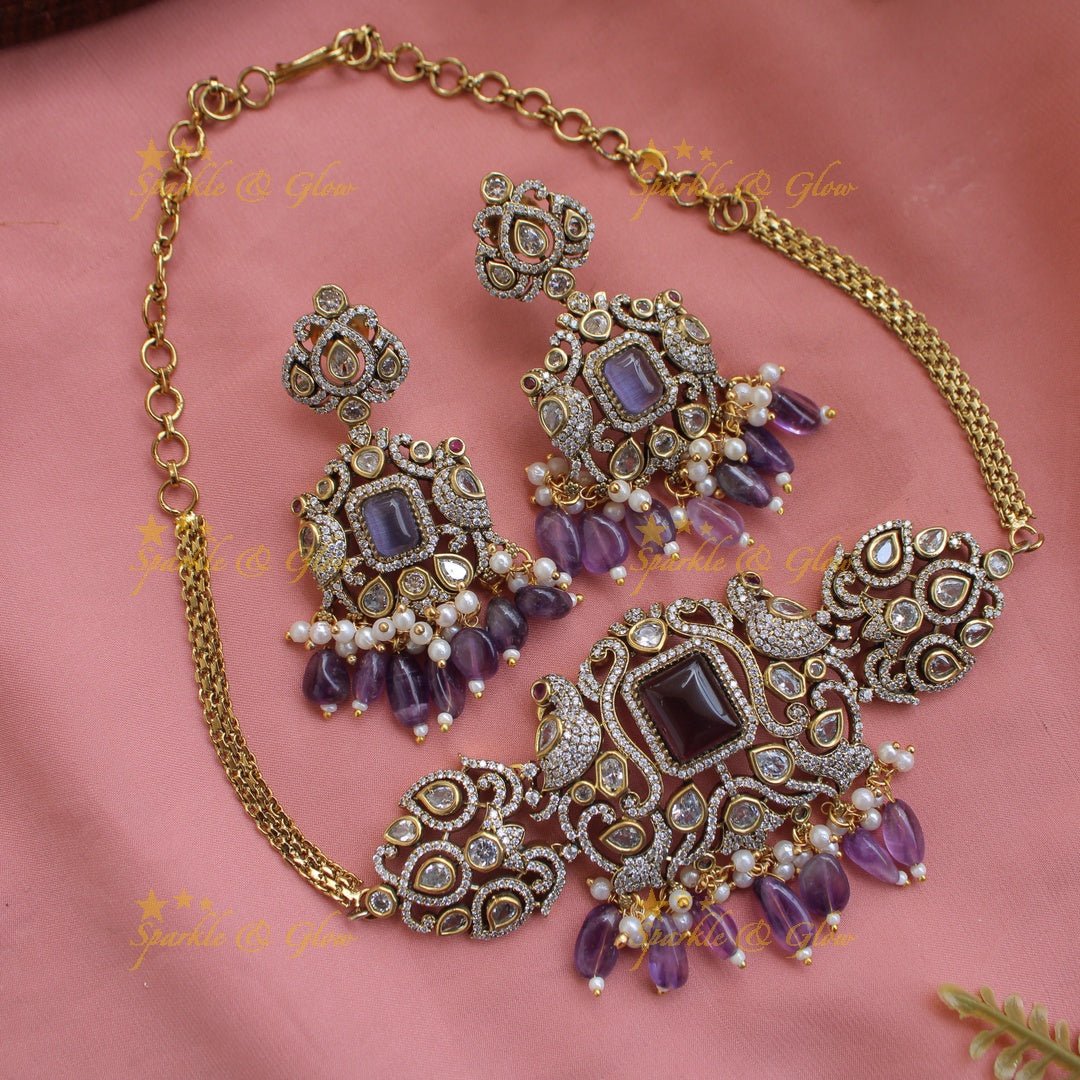 Elegant Peacock design victorian AD choker with purple beads - Sparkle and Glow - Back Thread - 