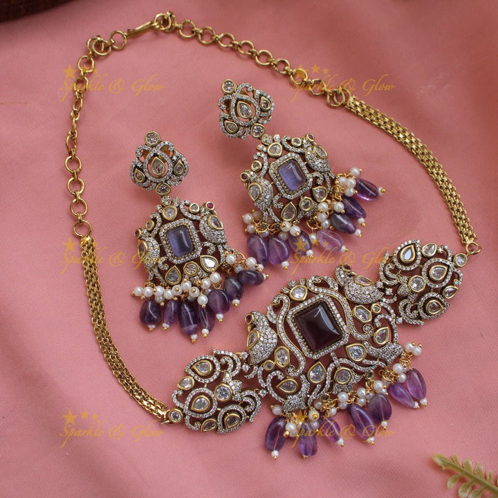 Elegant Peacock design victorian AD choker with purple beads - Sparkle and Glow - Back Thread - 