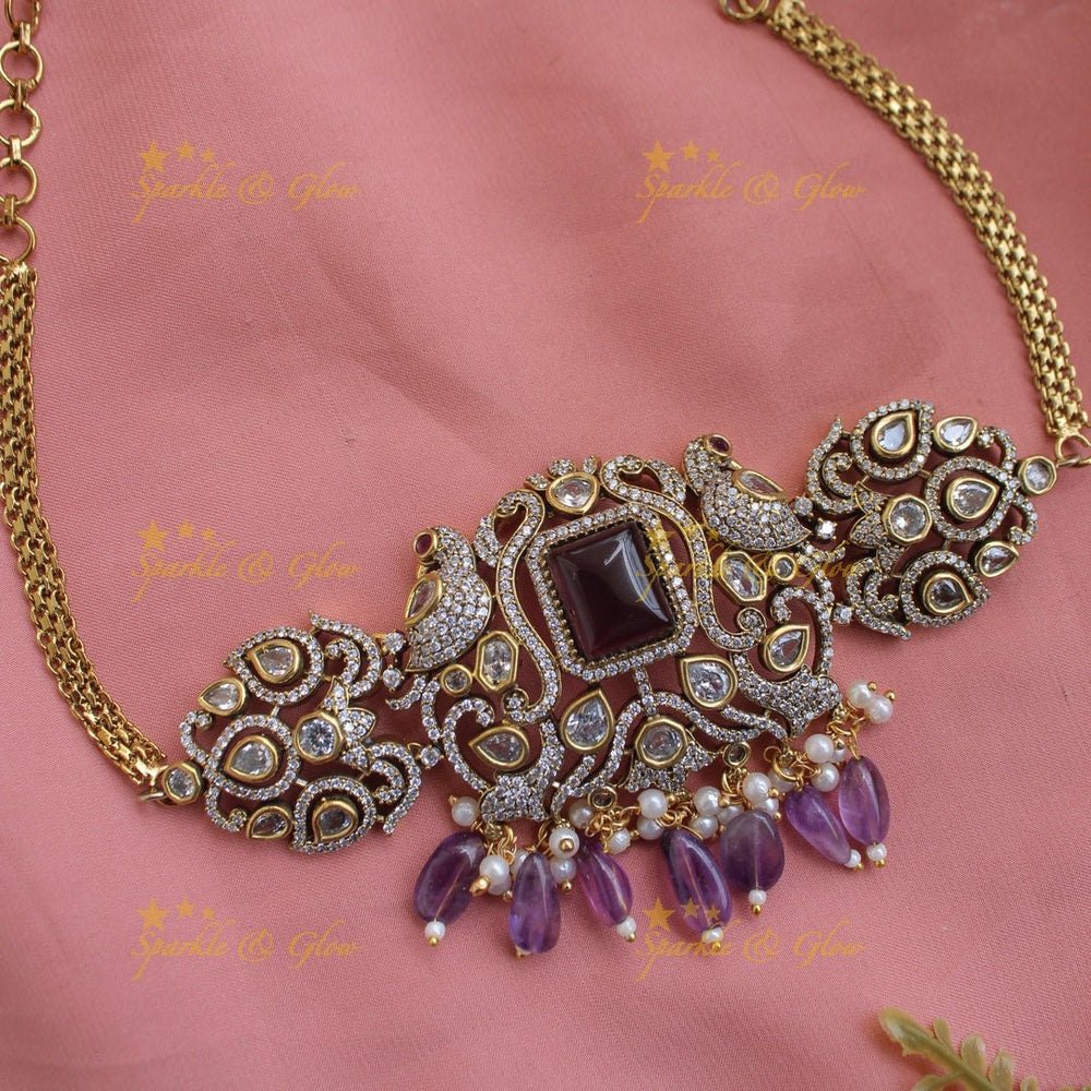 Elegant Peacock design victorian AD choker with purple beads - Sparkle and Glow - Back Thread - 