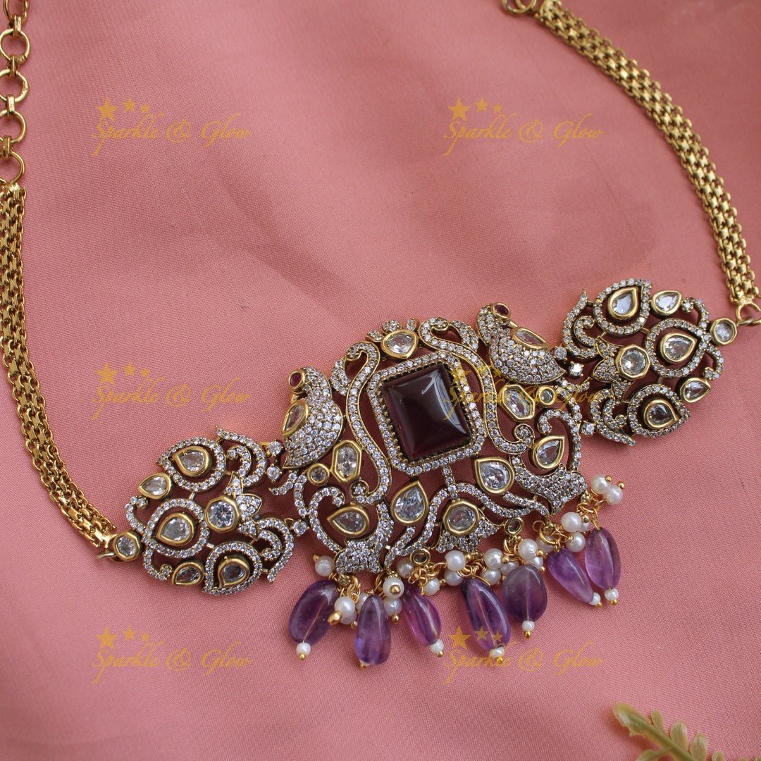 Elegant Peacock design victorian AD choker with purple beads - Sparkle and Glow - Back Thread - 