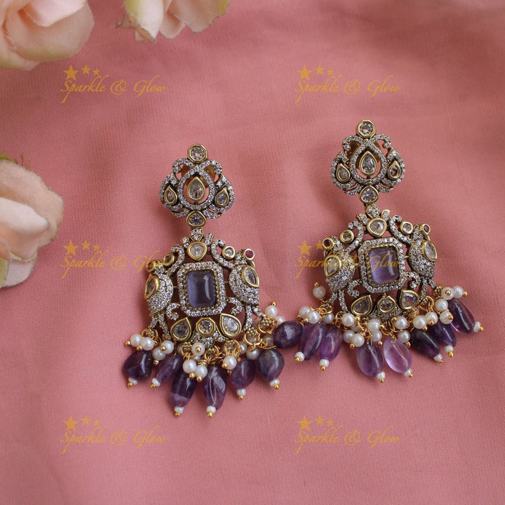 Elegant Peacock design victorian AD choker with purple beads - Sparkle and Glow - Back Thread - 